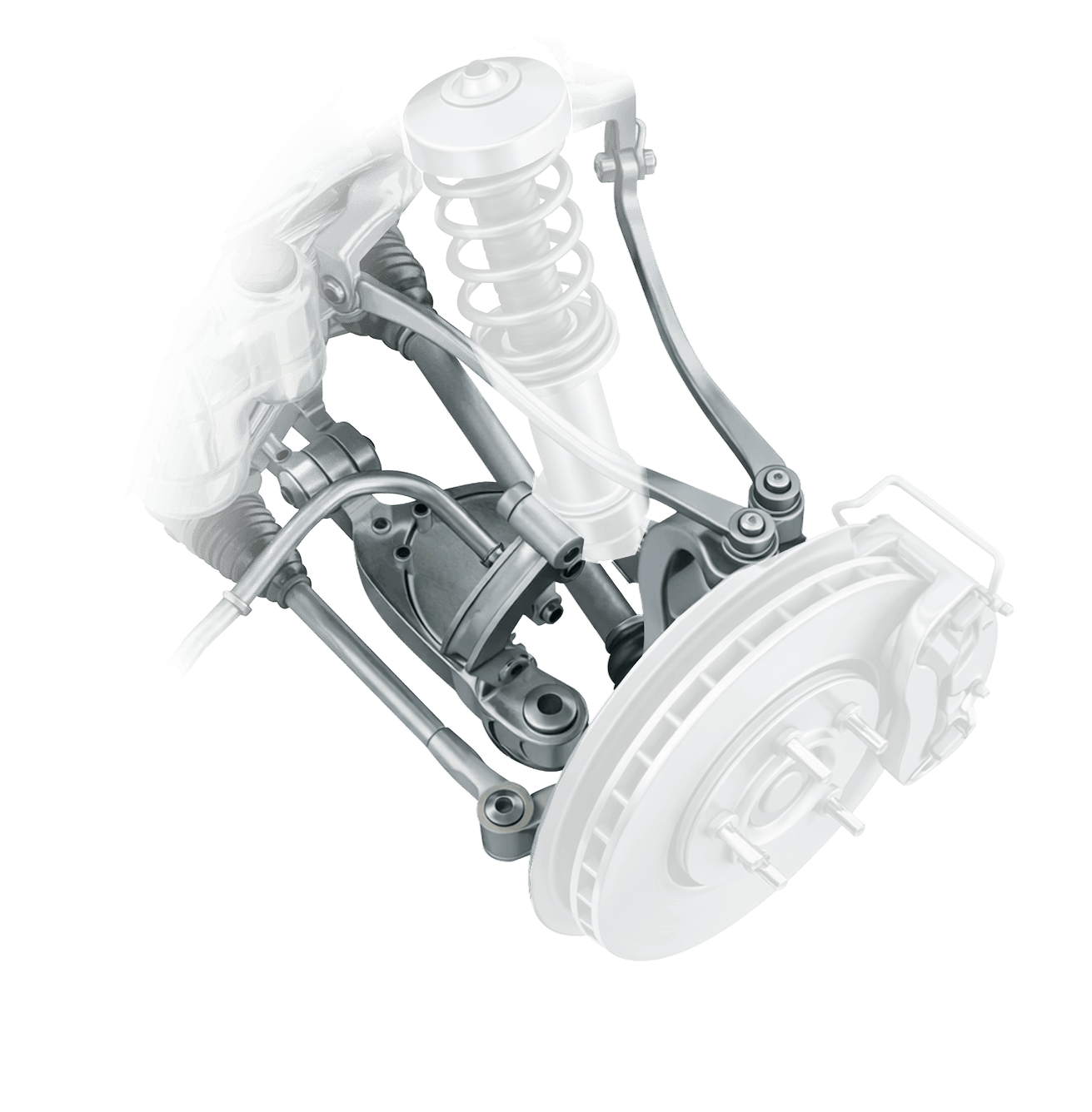 Wheel and suspension assembly with steering components highlighted