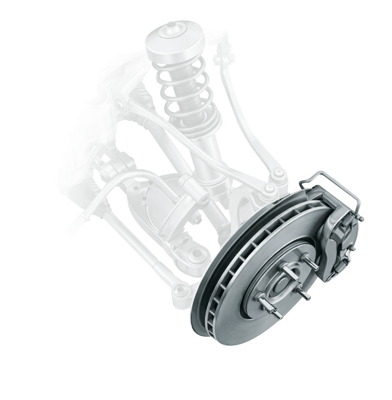 Wheel and suspension assembly with stopping components highlighted